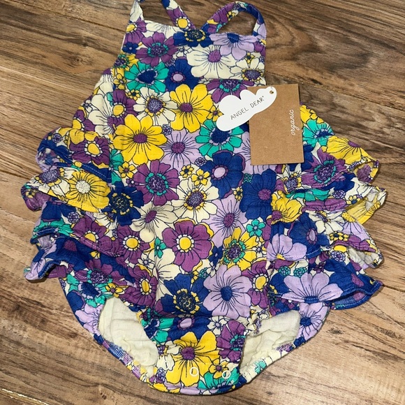 Angel Dear Other - Angel Dear Floral Kids One Piece - Purple, Yellow, Blue retro cosmos bubble